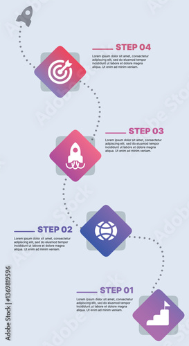 Obraz na płótnie Modern infographic template for business presentations: step-by-step process with numbers, text blocks, and graphic elements for easy demonstration of a plan, strategy, or report. w salonie