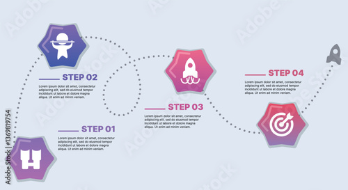 Modern infographic template for business presentations: step-by-step process with numbers, text blocks, and graphic elements for easy demonstration of a plan, strategy, or report.