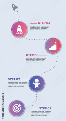 Modern infographic template for business presentations: step-by-step process with numbers, text blocks, and graphic elements for easy demonstration of a plan, strategy, or report.