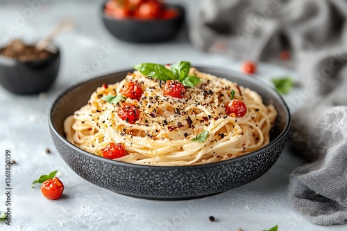 Creamy Tomato Pasta Dish on Gray Background photo