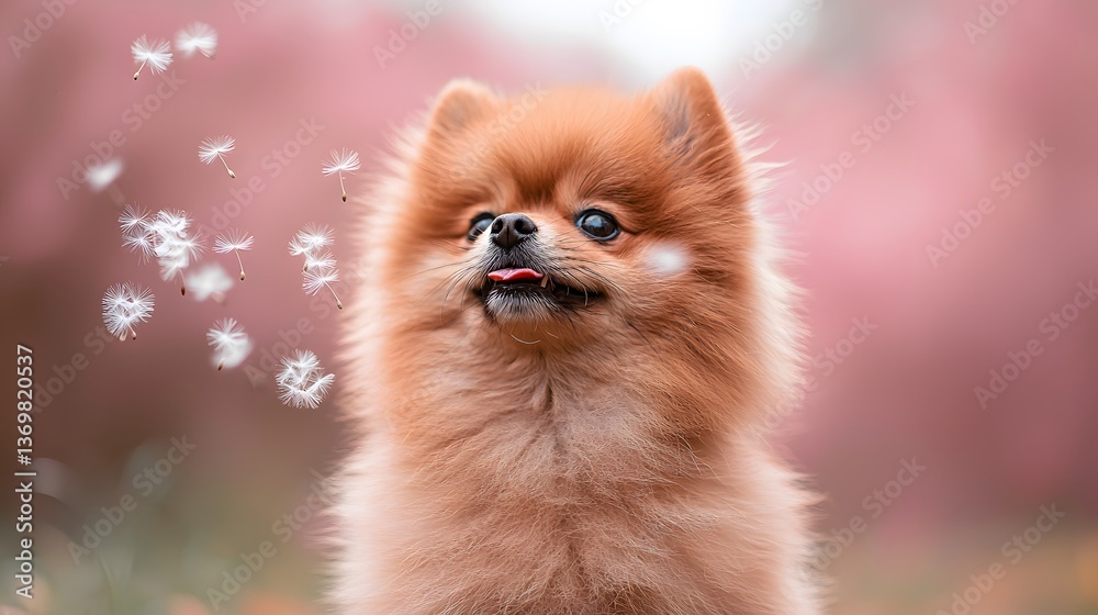 Fototapeta premium Fluffy Pomeranian, dandelion seeds, spring, pink background