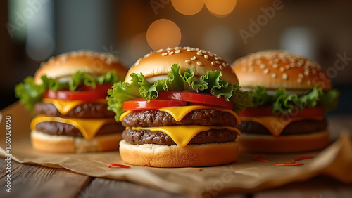 Trio of Delicious Cheeseburgers on Wooden Table