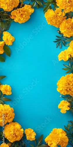 Bright Yellow Marigold Flower Frame on Vivid Blue Background With Copy Space, Top View