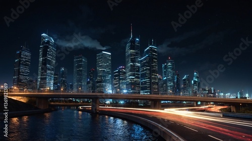 Wallpaper Mural A stunning view of a modern city skyline at night, showcasing bright skyscrapers and traffic on the road below. Torontodigital.ca