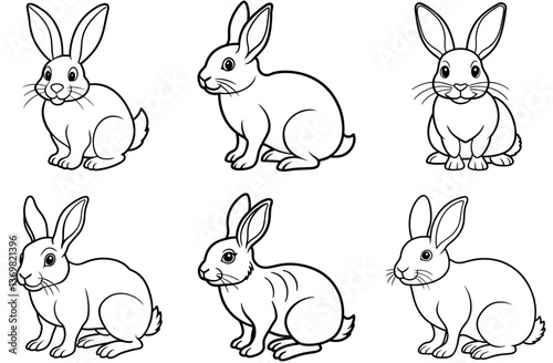Line Art Six Simple Easter Rabbits in Various Poses on a White Background, Isolated