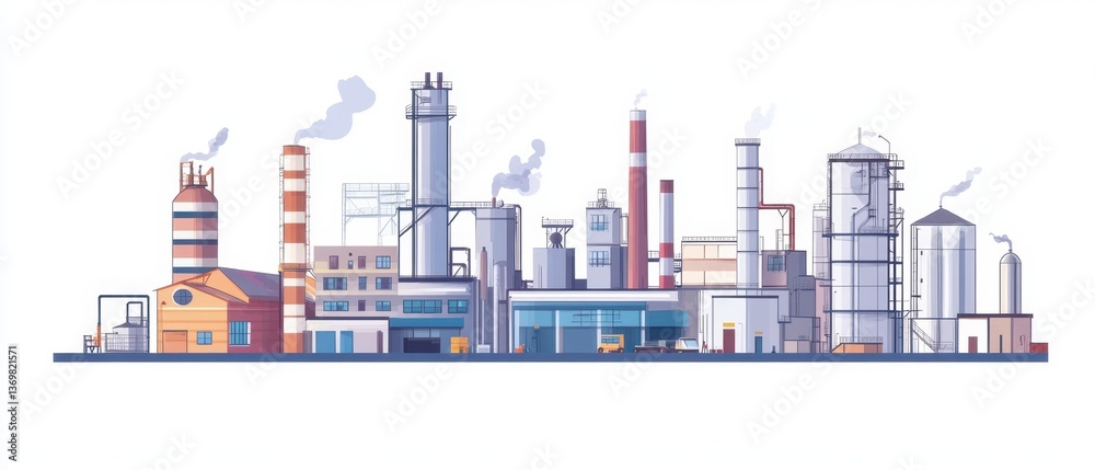 Obraz premium Modern Industrial Complex with Factories, Smokestacks, and Machinery