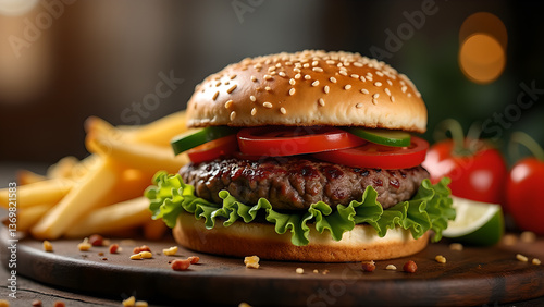 Delightful gourmet burger with crispy golden fries