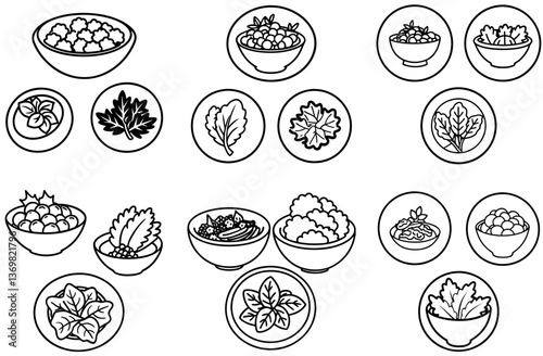 Black Outline Bowls and Plates with Food Icons, Line Art Food,