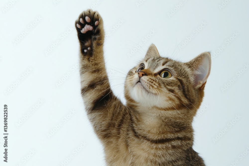 Obraz premium Adorable Tabby Cat Lifting Its Paw as If to Wave Hello in a Playful Gesture