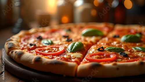 Rustic Pizza with Fresh Basil and Tomato Toppings