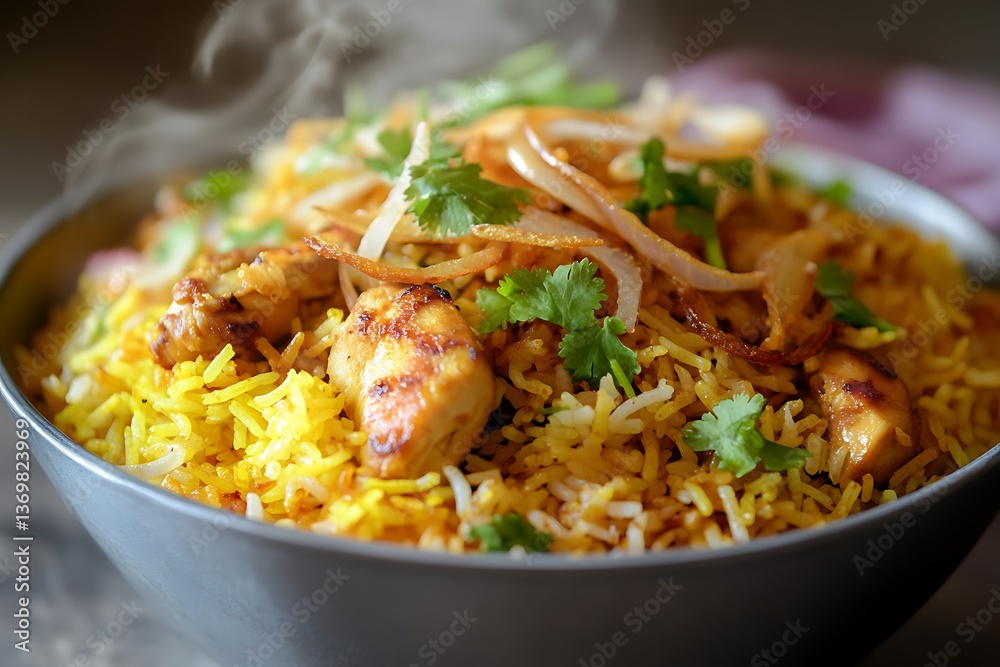 A steaming bowl of biryani rice, filled with juicy chicken pieces, vibrant saffron rice, and a sprinkle of fried onions, garnished with fresh coriander. A steaming bowl of biryani rice, filled with juicy chicken pieces, vibrant saffron rice, and a sprinkle of fried onions, garnished with fresh coriander.