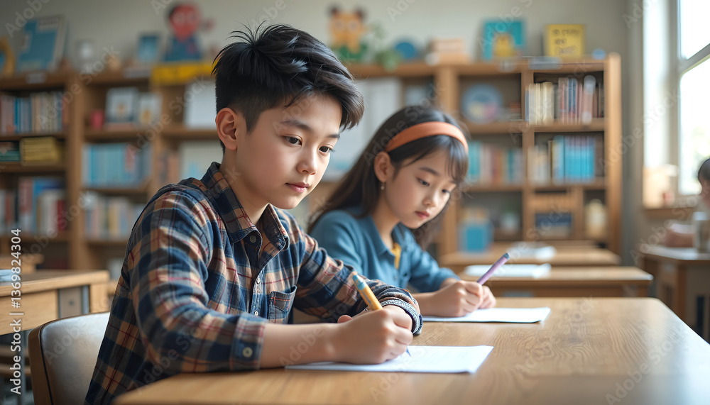 Classroom scene with two children focused on writing at their desks Classroom scene with two children focused on writing at their desks
