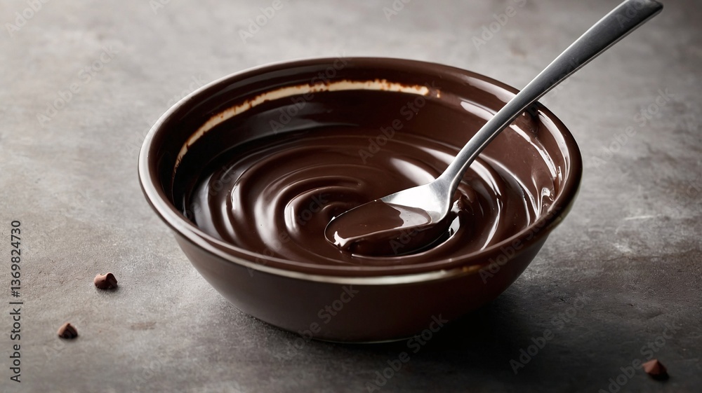 Fototapeta premium A rich bowl of melted chocolate with a silver spoon, emanating a glossy and indulgent allure.