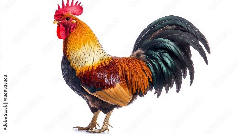 Fototapeta premium Colorful rooster with vibrant feathers standing on white background.
