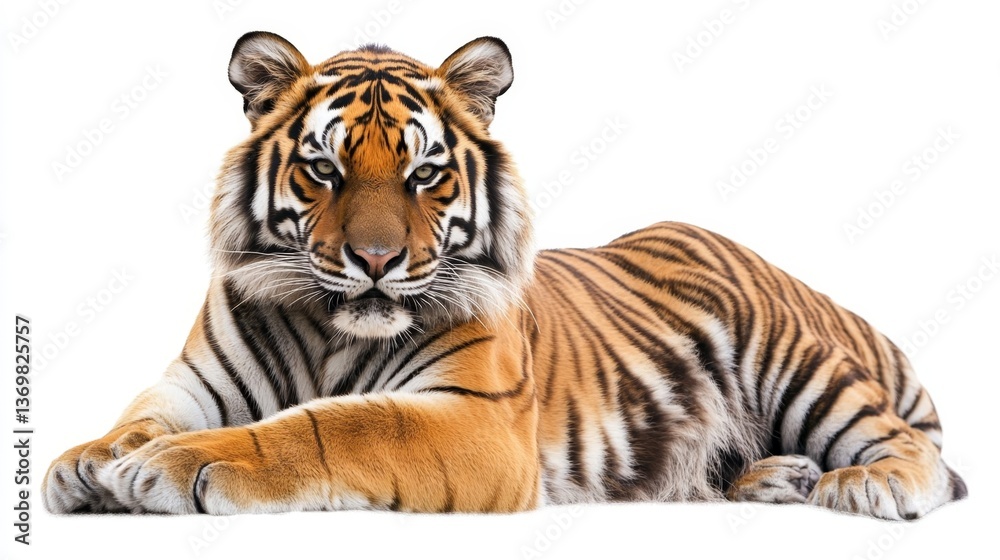 Fototapeta premium Majestic Bengal tiger lying gracefully on white background in detailed realism.