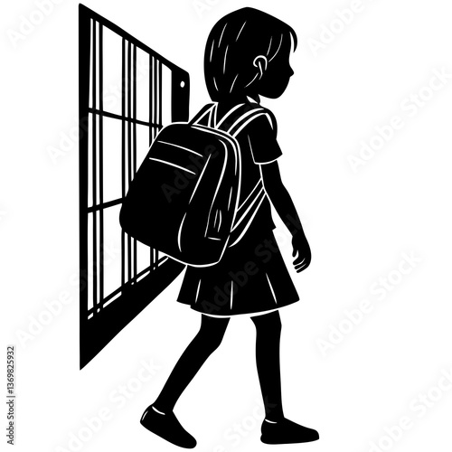 A silhouette of a cute girl student carrying a heavy backpack, walking through a school hallway