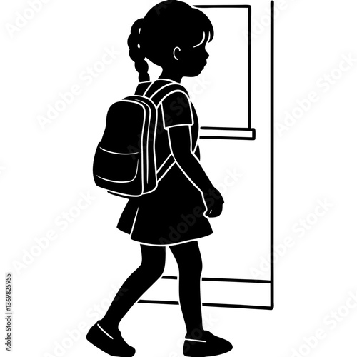 A silhouette of a cute girl student carrying a heavy backpack, walking through a school hallway