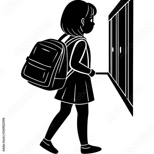 A silhouette of a cute girl student carrying a heavy backpack, walking through a school hallway