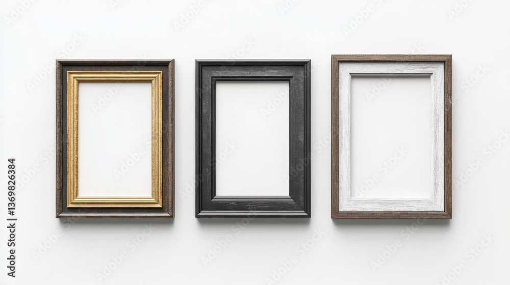 Three empty picture frames in black and gold hanging on white wall background. Three empty picture frames in black and gold hanging on white wall background.
