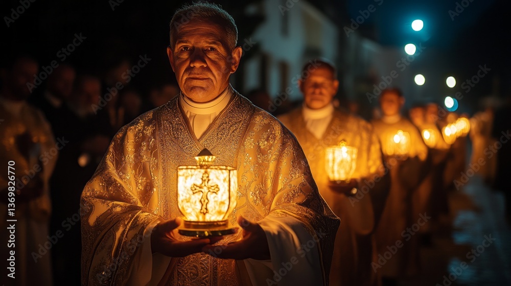 Fototapeta premium In an enchanting evening atmosphere, a group of devoted priests parades through the quiet streets, holding glowing lanterns that symbolize hope and renewal during Easter festivities