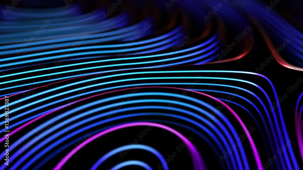 Smooth wave motion of bright neon curved lines on black background. Abstract concept of artificial intelligence (AI), data science or digital communication. Sound waves equalizer, 4K looped video