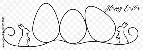 Continuous One Line Drawing of Cute Easter Rabbit with Egg. Easter Bunny for Spring Design in Simple Linear Style. Editable Stroke. Rabbit Doodle Black on Transparent Vector Illustration. EPS 10.