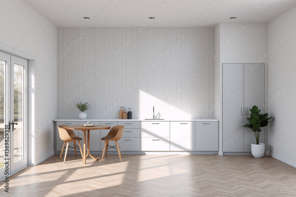 Fototapeta premium Bright, minimalist room with natural light. A small round table and chairs create a dining area near a simple kitchen setup with cabinets and sink. Wood floor and neutral palette.
