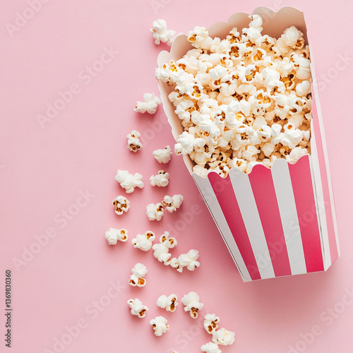 Box of Popcorn on Pink Background – Movie Snack Flat Lay with Copy Space
