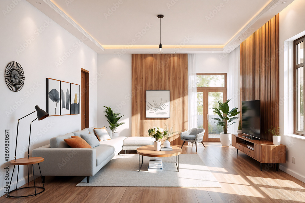 Fototapeta premium Modern living room with wooden wall paneling and flooring. Neutral tones, comfortable sofa, plants, and natural light fill the stylish interior.