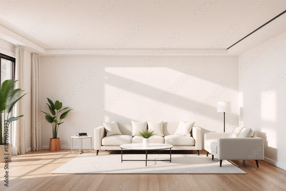 Fototapeta premium Bright living room filled with natural light showcases a cream sofa, armchair, and potted plants. Minimalist decor with wooden floors and white walls creates a serene and spacious interior.