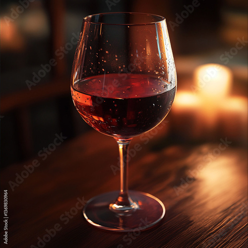 Red Wine Glass on Wooden Table with Candlelight – Romantic Evening Setting
