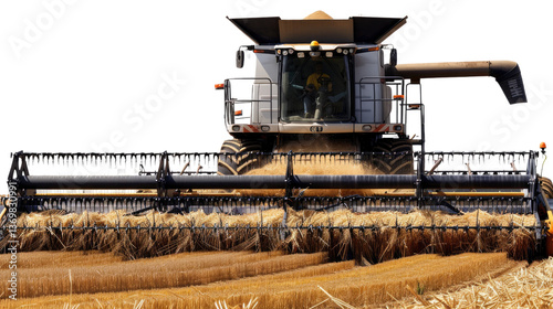 Golden Harvest: A massive combine harvester methodically cuts through fields of ripe wheat, showcasing agricultural technology and the process of food production.