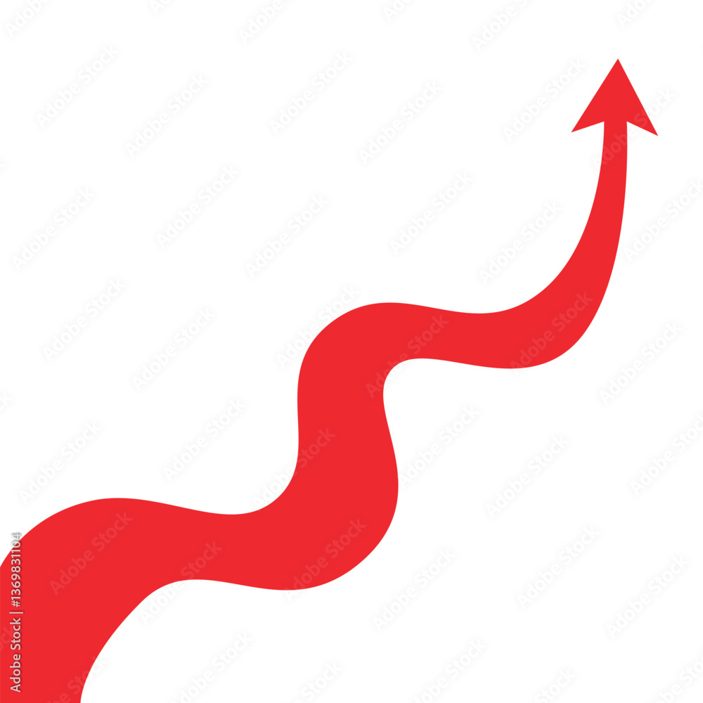 Red Business Arrow Curving Upward Slowly, Indicating Profit and Consistent Progress Red Business Arrow Curving Upward Slowly, Indicating Profit and Consistent Progress