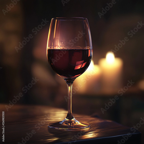 Red Wine Glass on Wooden Table with Candlelight – Romantic Evening Setting