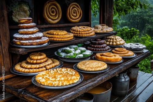 A Navratri street festival with food stalls selling delicious sweets like jalebi and fafda photo