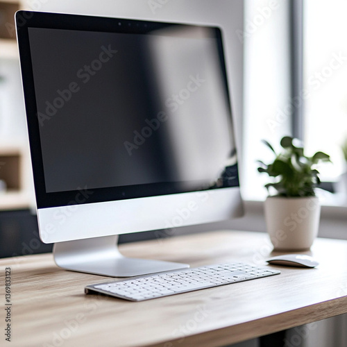 Modern Home Office Workspace with Desktop Computer and Potted Plant in Natural Light