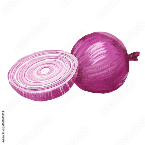 Illustration of a whole red onion a half red onion isolated 
