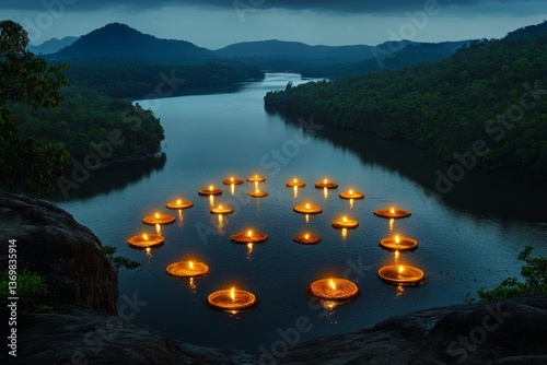 A bird-eye view of a river glowing with thousands of krathongs floating gently downstream
