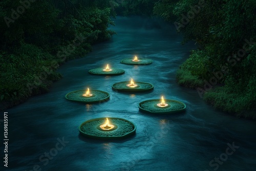 A bird-eye view of a river glowing with thousands of krathongs floating gently downstream