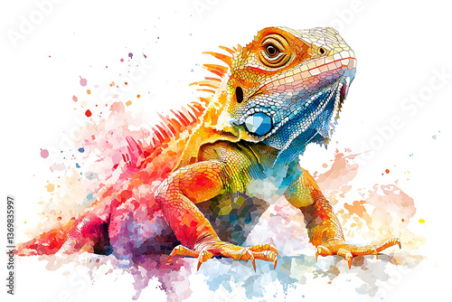 Colorful iguana illustration with watercolor effect displaying vibrant hues of orange blue and purple against a white background.