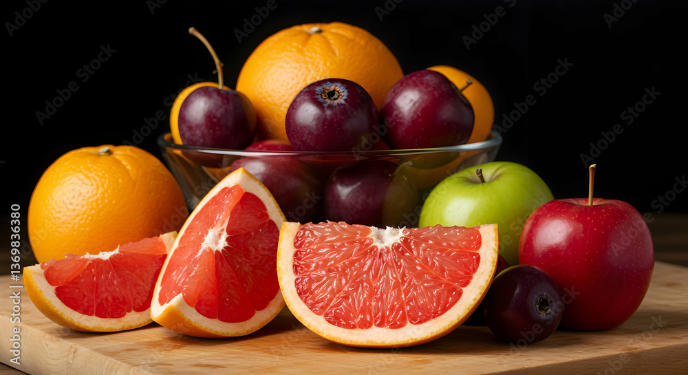 Assorted Fresh Fruit On Wooden Board Assorted Fresh Fruit On Wooden Board