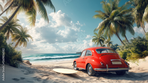 Summer vacation, rest, relaxation. Red vintage car parked on sandy beach with surfboard near palm trees