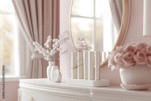 An elegant white dresser adorned with a modern gold and white decorative object, a vase of pink flowers, and a round mirror reflecting the soft light from a window with sheer curtains.