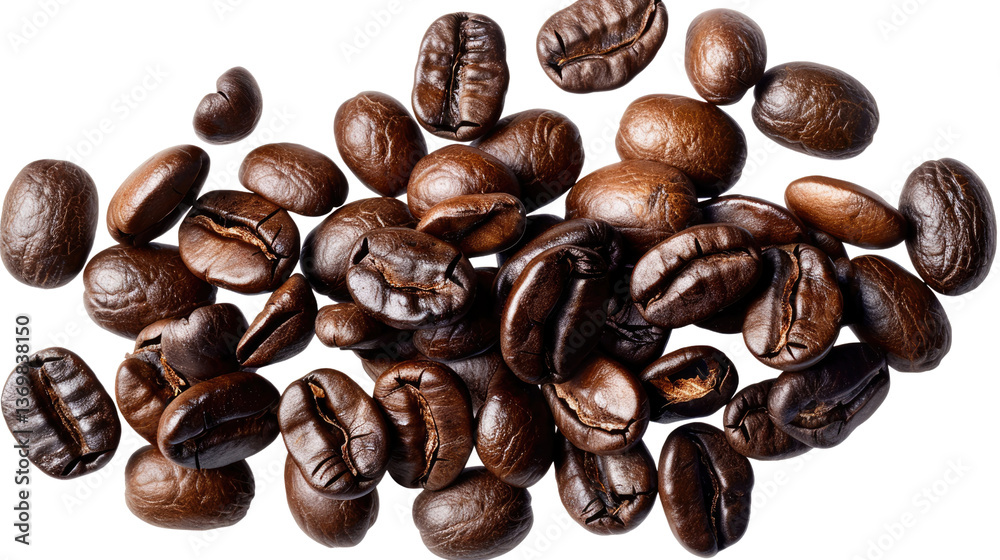 Fototapeta premium Roasted Coffee Beans: A close-up shot of richly roasted coffee beans, showcasing their intricate texture and inviting aroma, hinting at the perfect start to a refreshing day.