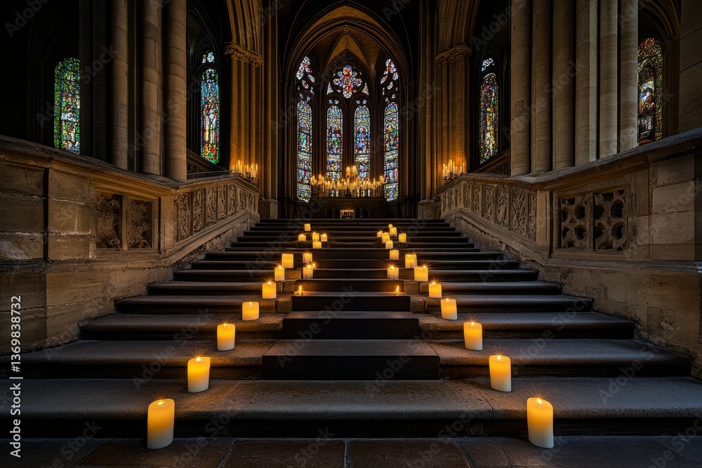 Obraz premium A candlelit evening inside a Gothic cathedral in France, where light filters through ancient stained-glass windows