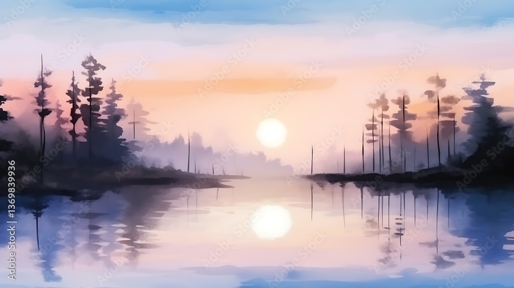 Serene Sunset Over Still Water and Silhouetted Trees Serene Sunset Over Still Water and Silhouetted Trees