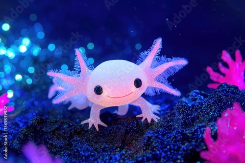 Whimsical Axolotl Character in Playful Pose Surrounded by Colorful Coral Underwater Scene