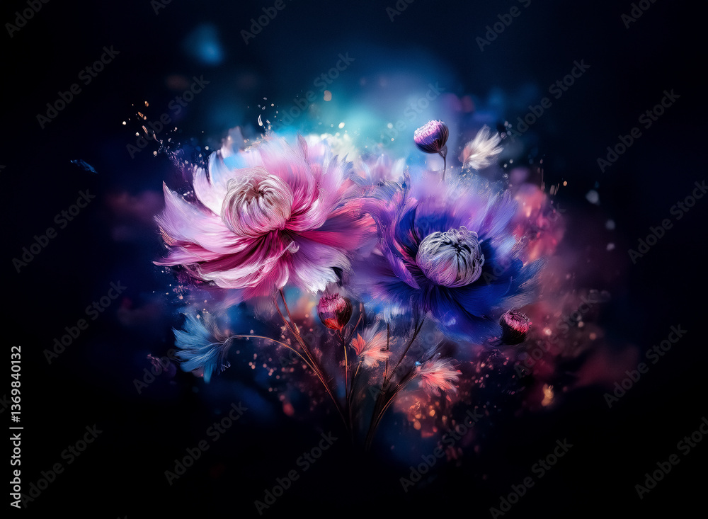 Fototapeta premium Vibrant pink and blue flowers bloom against a dark backdrop, creating a dreamy, ethereal floral display with bokeh effects.