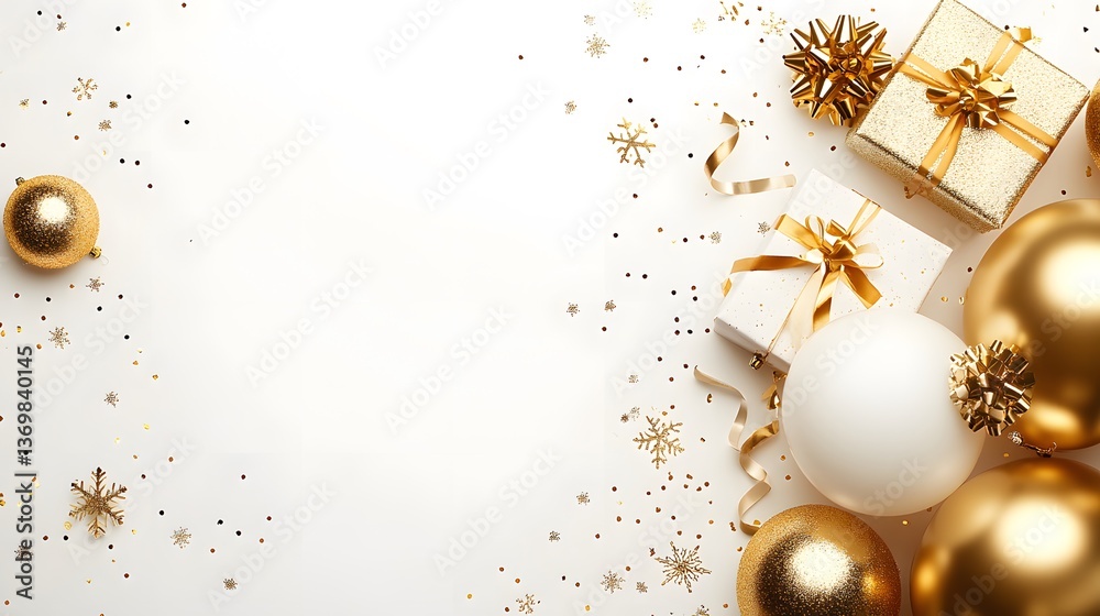 Fototapeta premium A festive holiday scene featuring golden and white Christmas ornaments, wrapped presents with gold ribbons, and scattered glittering star confetti on a clean white background.