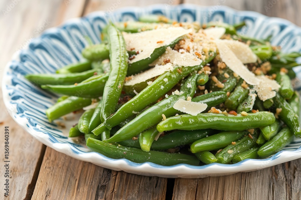 Sauteed green beans with parmesan cheese on big plate Sauteed green beans with parmesan cheese on big plate